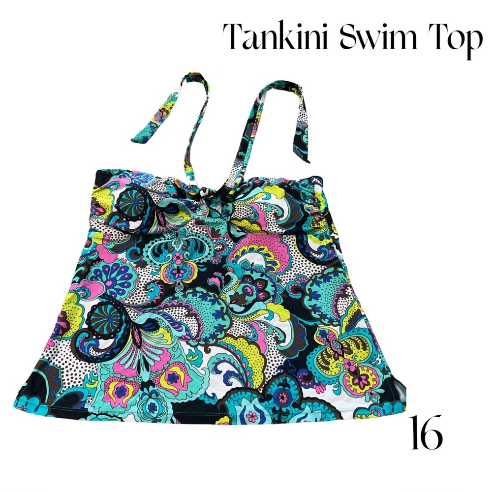 Paisley Halter Tankini Swim Top Size 16 Blue Pink Tropical Print Bandeau - Picture 3 of 10